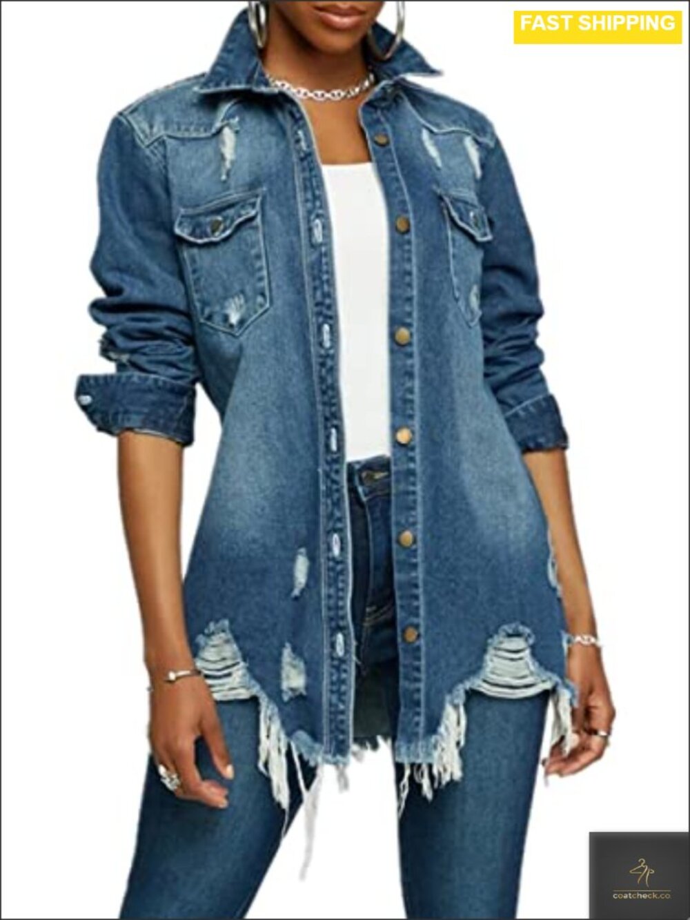 Womens Long Sleeve Classic Distressed Trucker Denim Jacket